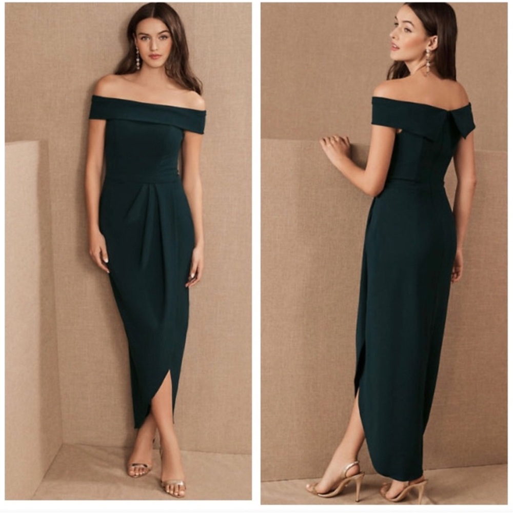 BHLDN Off-Shoulder Dark Green Midi Dress